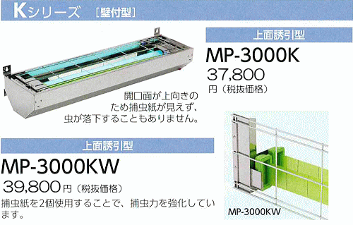 ＭＰ-3000Ｋシリーズ[壁付け型]：開口面が上向きのため捕虫紙が見えず、虫が落下することもありません。捕虫紙を2個使用することで、捕虫力を強化していることで、捕虫力を強化しています。